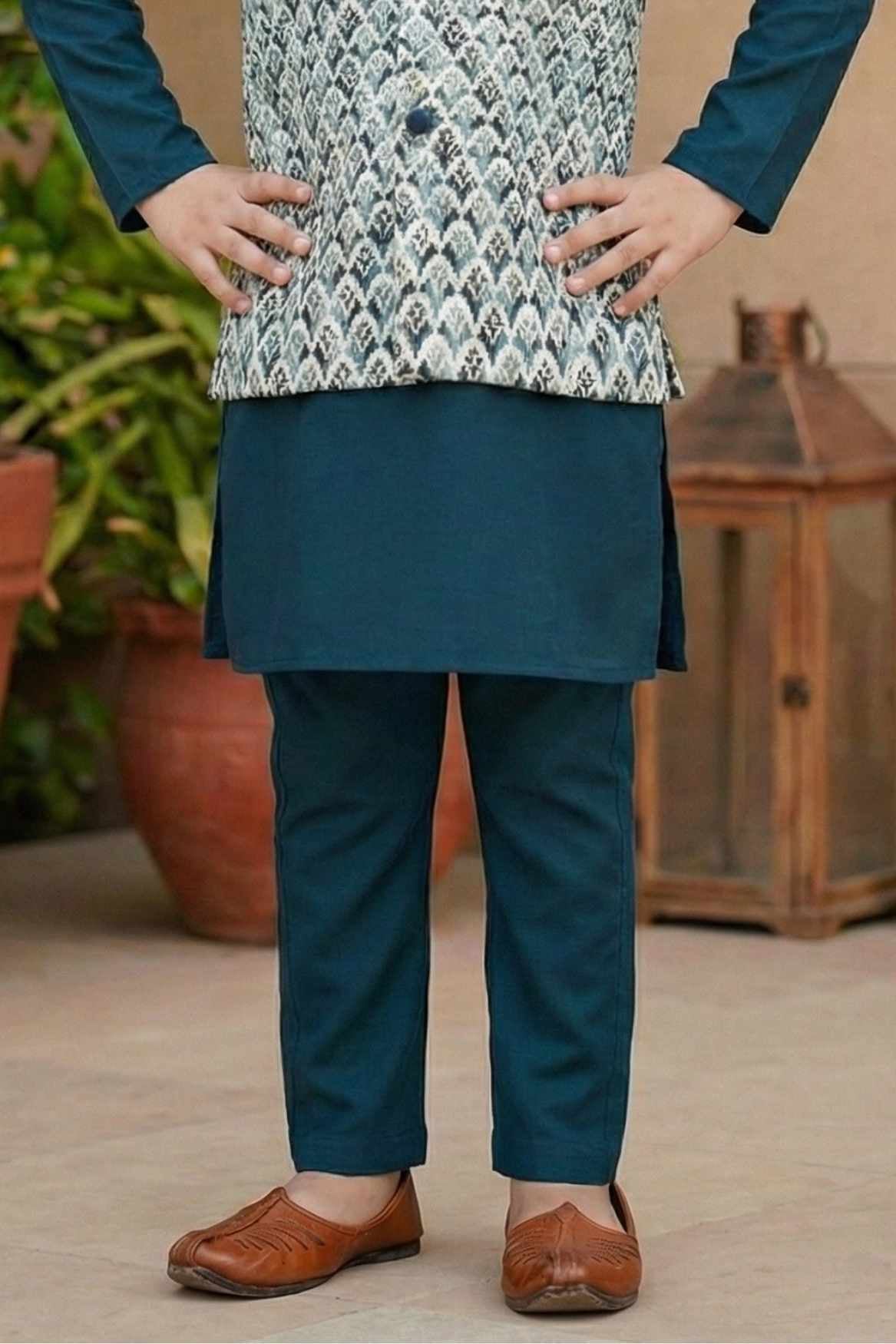 Teal Blue Kurta With White Sequin Embroidery Work Bandi Set For Boys