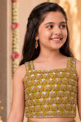Girls Mustard Embroidered Drape Saree Set