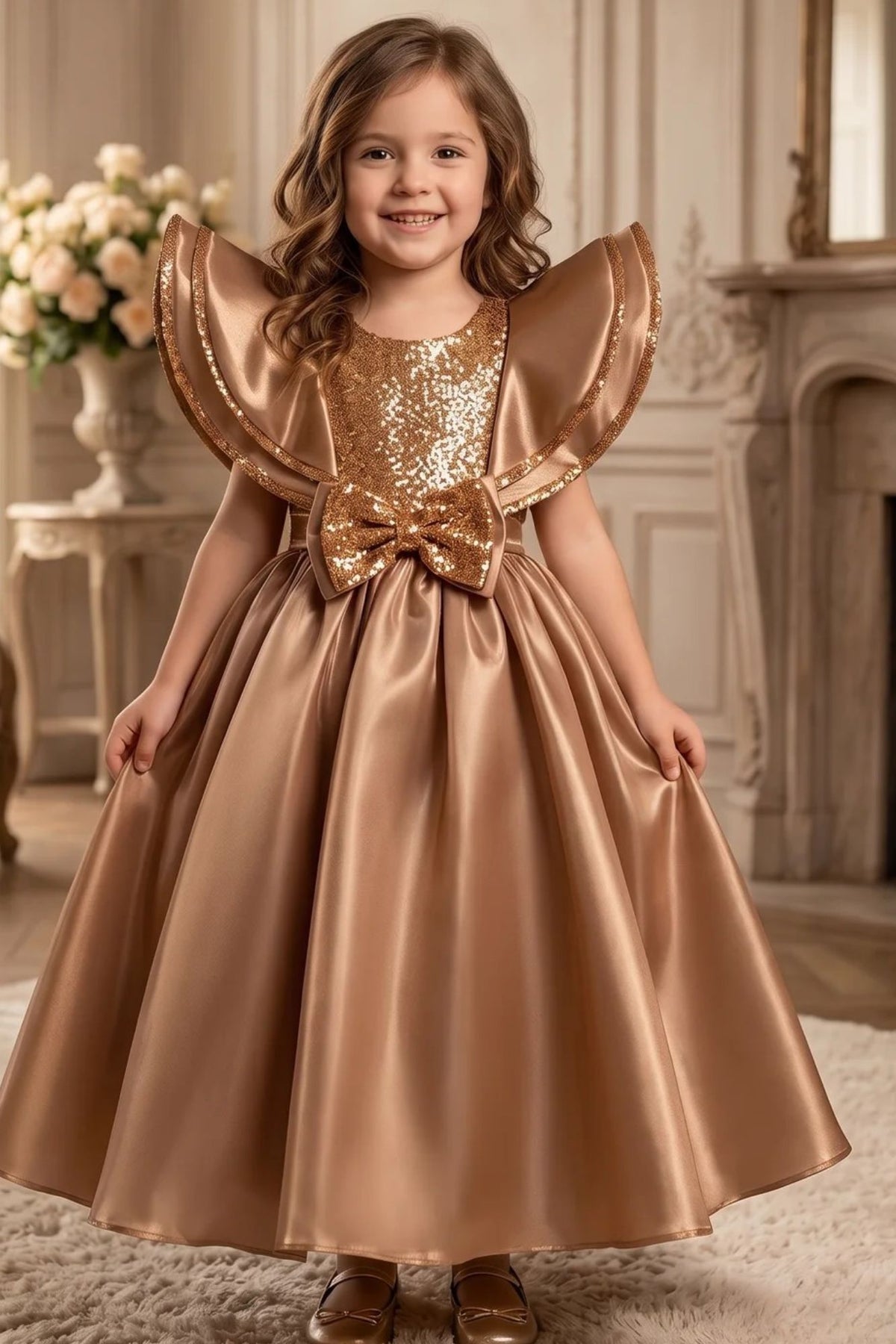 Brown Statement Bow Party Wear Gown for Girls
