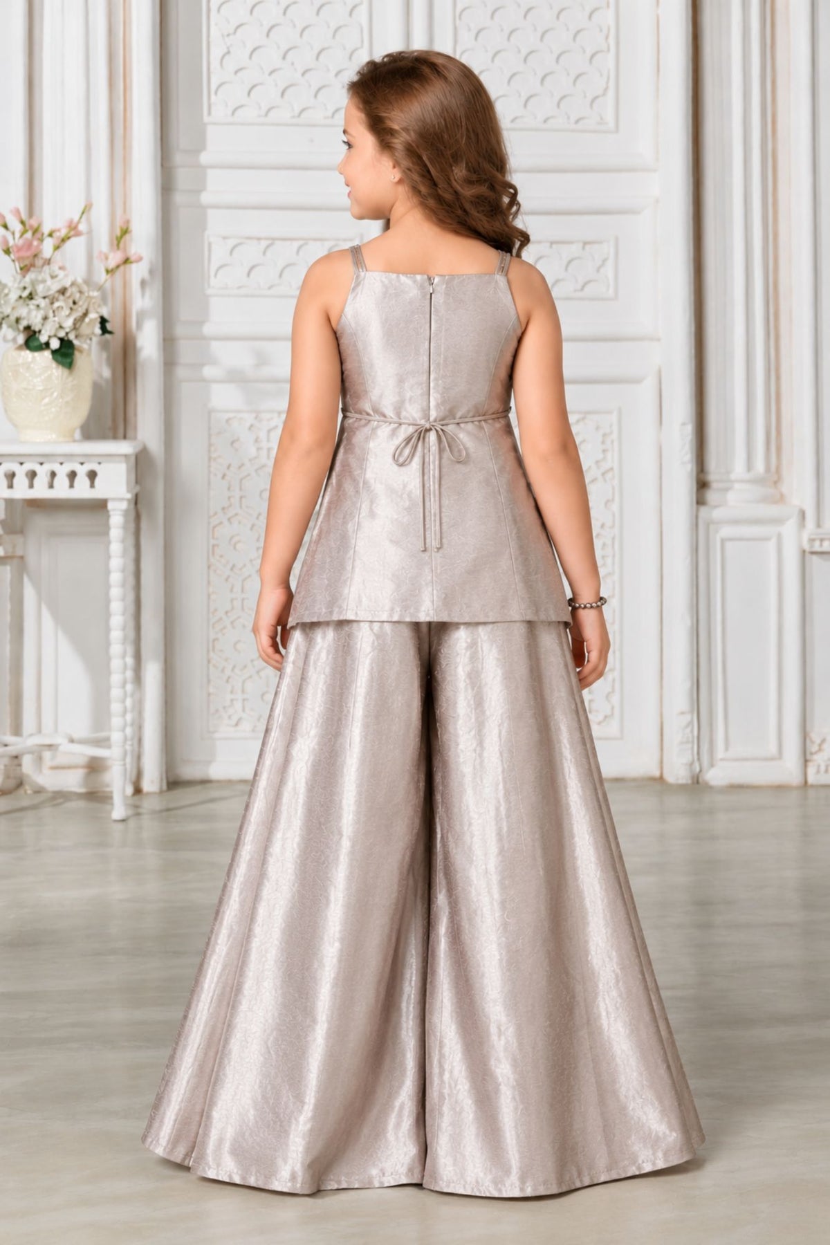 Girls Elegant Silver Grey With Gold Decorative Vertical Motif Embroidered Palazzo Set