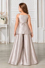 Girls Elegant Silver Grey With Gold Decorative Vertical Motif Embroidered Palazzo Set