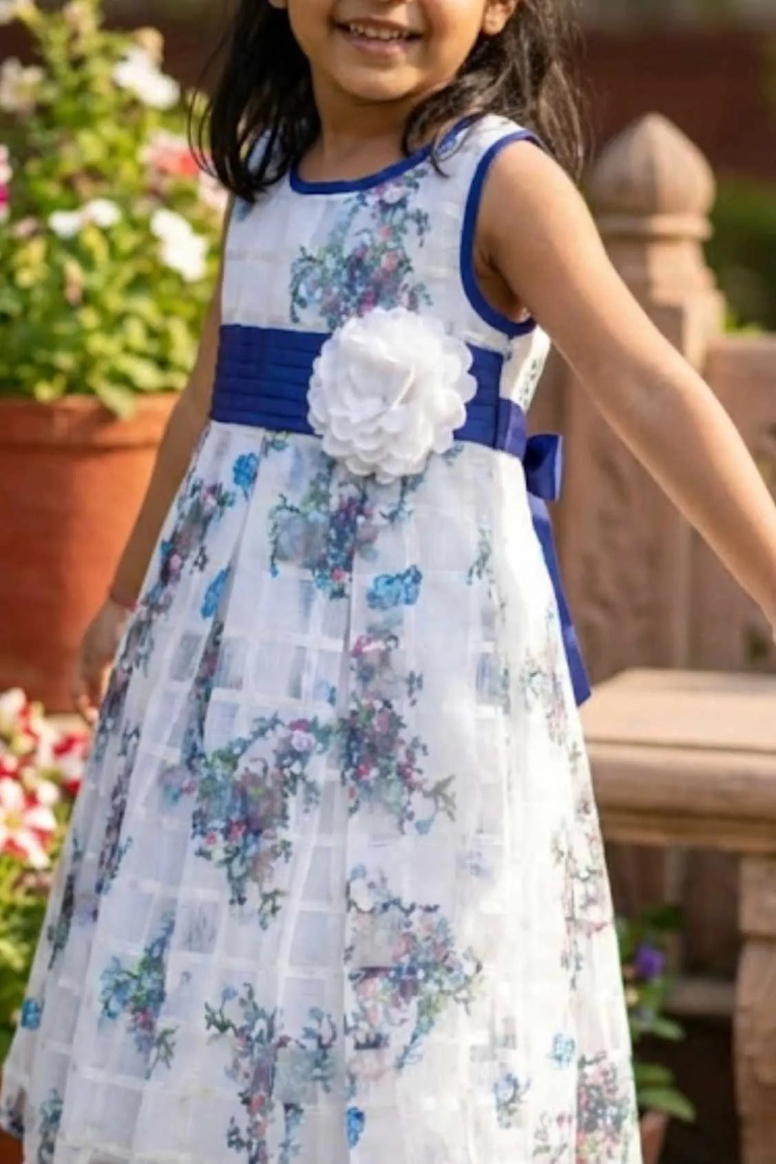 White Floral Printed Frock For Girls