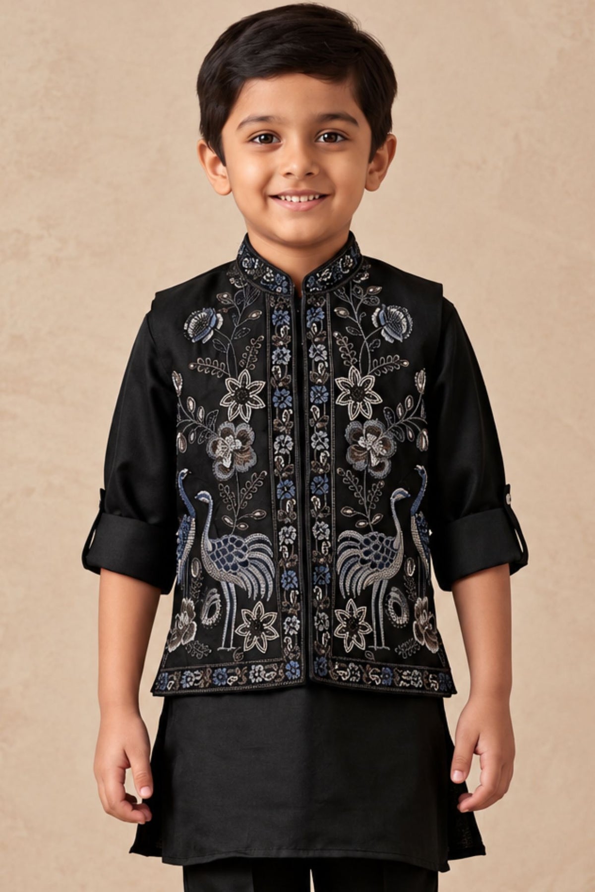 Boys Black Embroidered Nehru Jacket Kurta Set