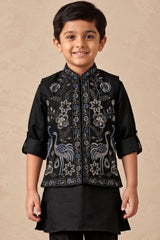 Boys Black Embroidered Nehru Jacket Kurta Set