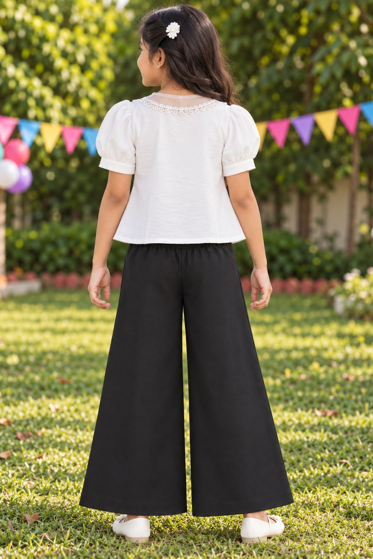 Girls White Floral Embroidered Top With Black Wide Leg Co-Ord Set