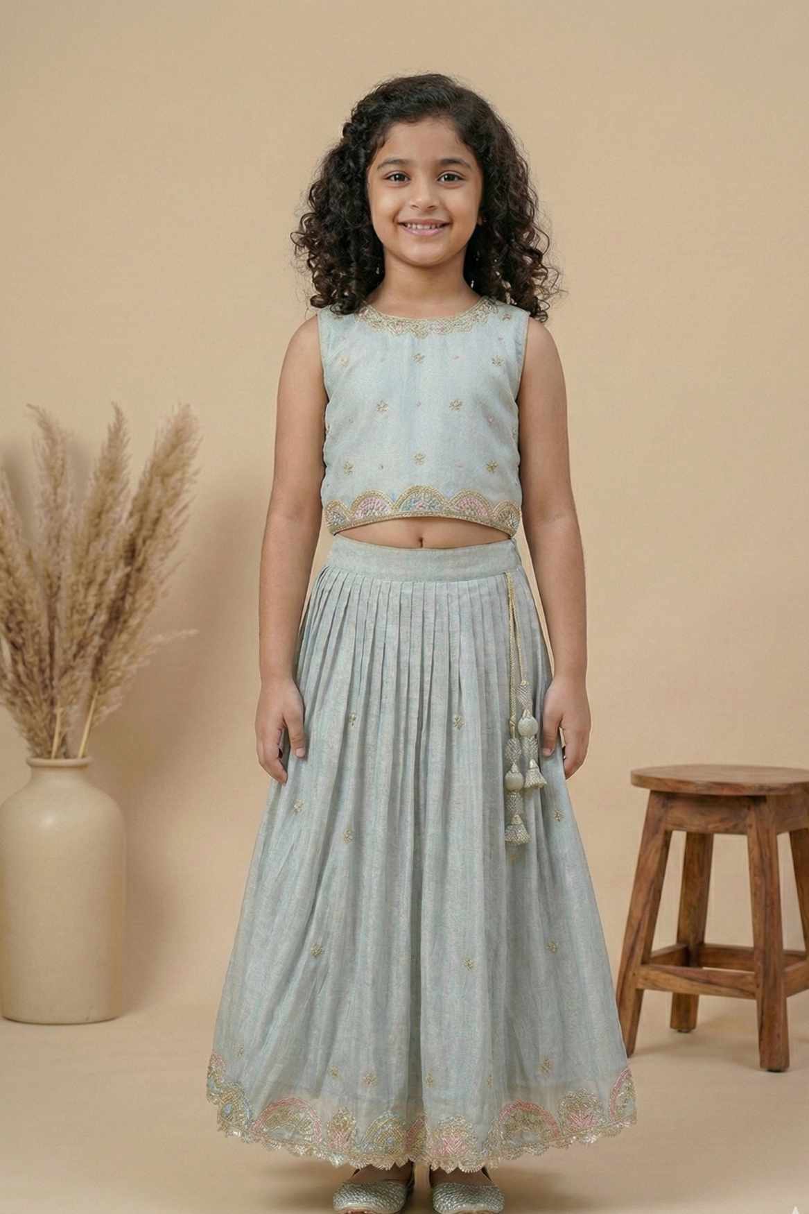 Silver Grey Embroidered Lehenga Choli For Girls