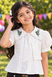 Girls White Floral Embroidered Top With Black Wide Leg Co-Ord Set