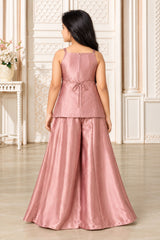 Girls Elegant Dusty Rose With Gold Decorative Vertical Motif Embroidered Palazzo Set