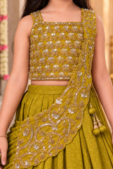 Girls Mustard Embroidered Drape Saree Set