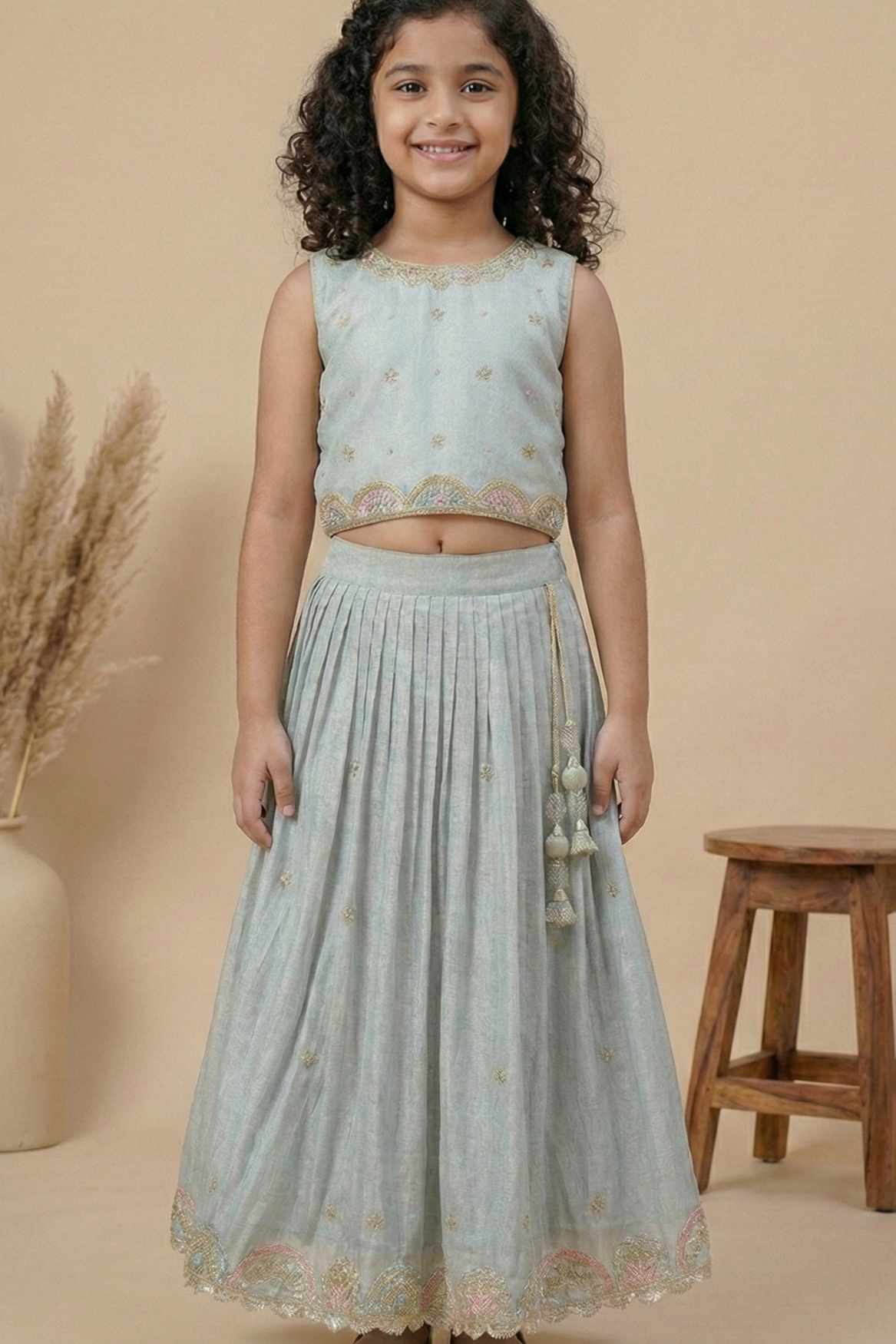 Silver Grey Embroidered Lehenga Choli For Girls