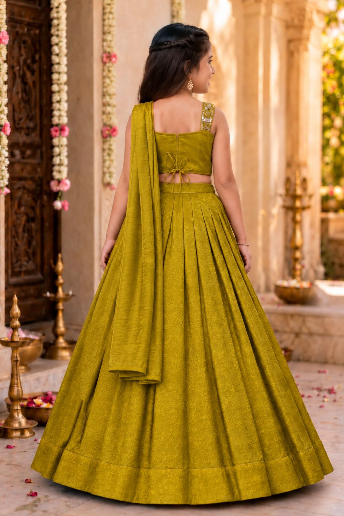 Girls Mustard Embroidered Drape Saree Set