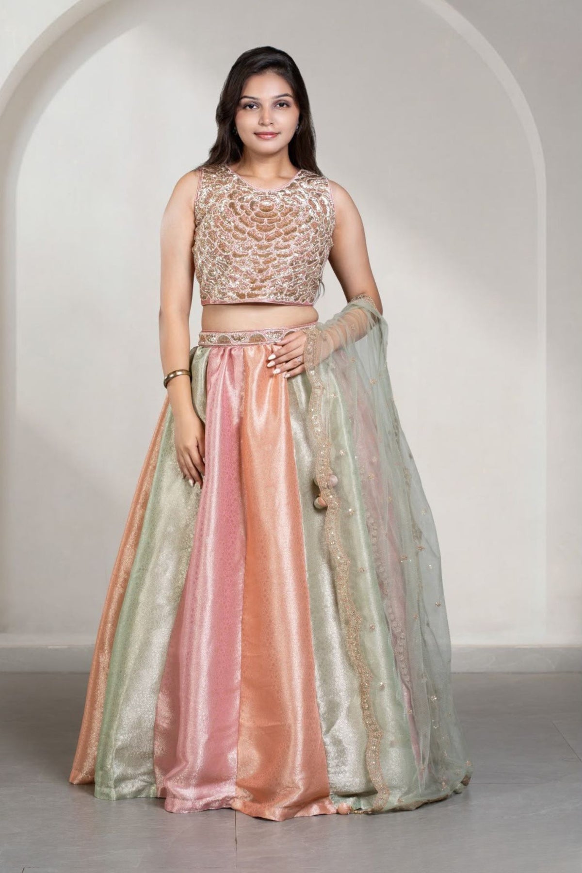 Girls Blush Pink And Mint Green Sequin Embellished Lehenga Choli Set