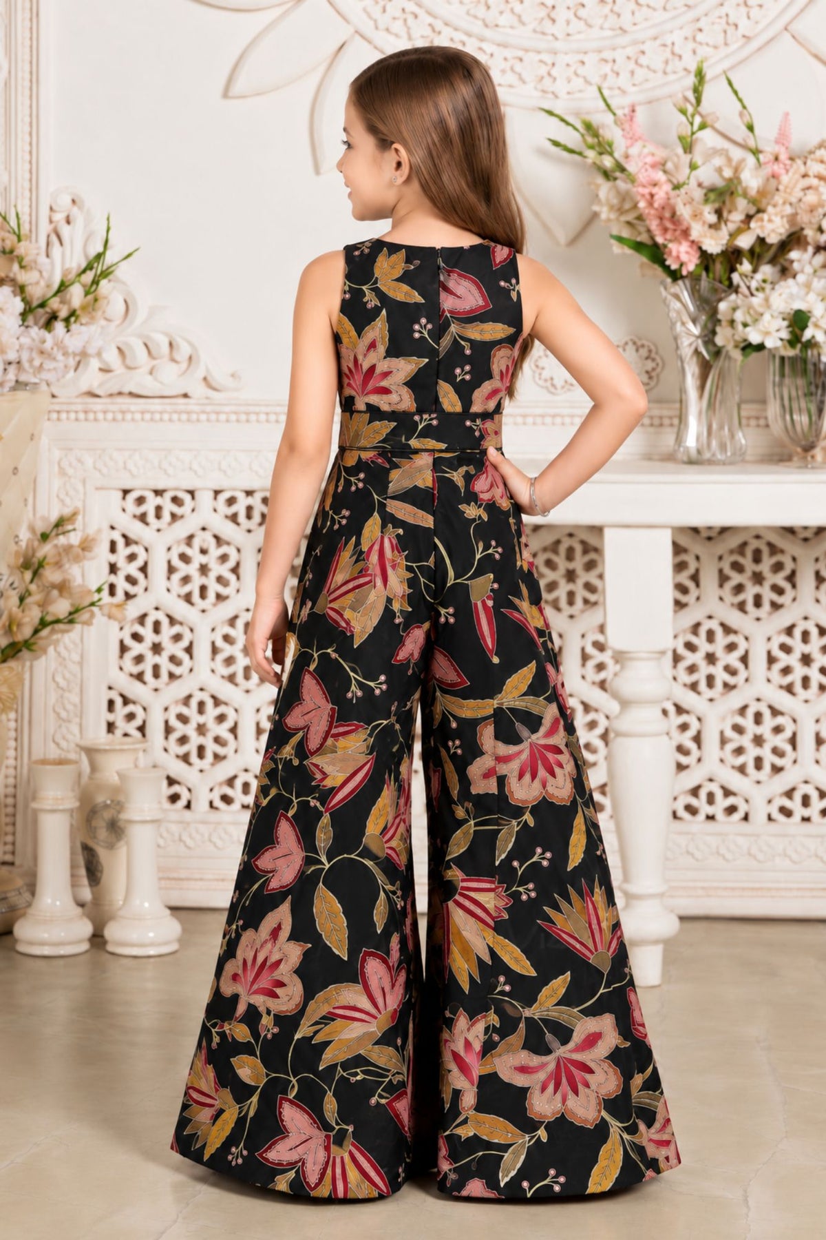 Girls Elegant Black Multicolor Printed Floral Embroidered Jump Suit