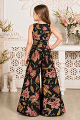 Girls Elegant Black Multicolor Printed Floral Embroidered Jump Suit