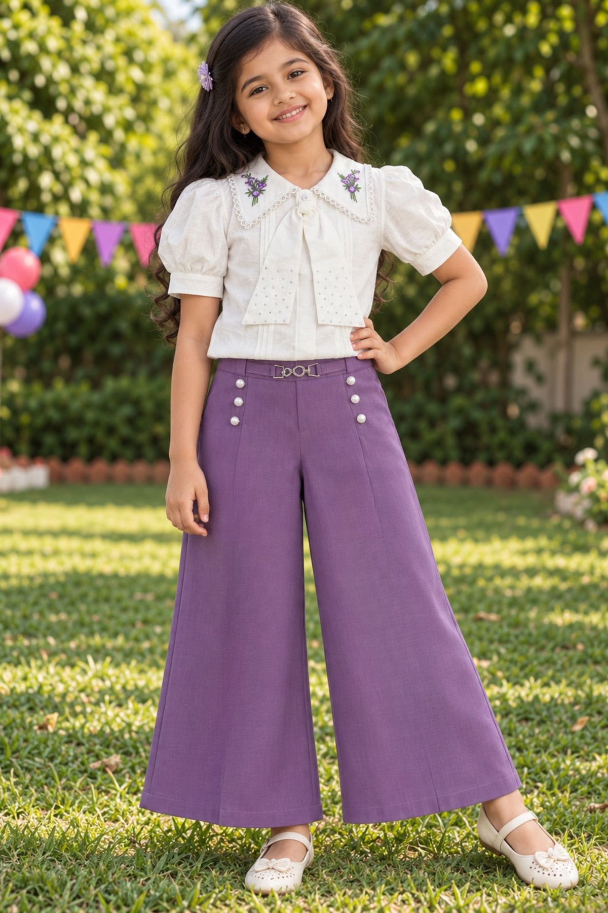 Girls White Floral Embroidered Top With Purple Wide Leg Co-Ord Set