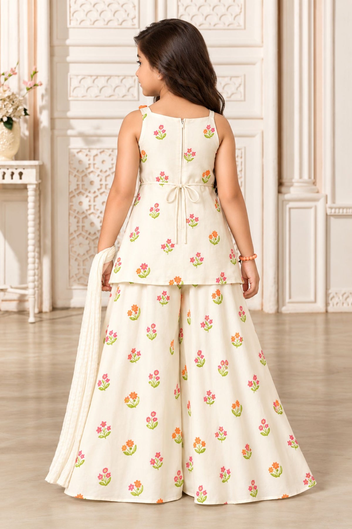 Girls Charming Cream With Multicolor Floral Printed Palazzo Set