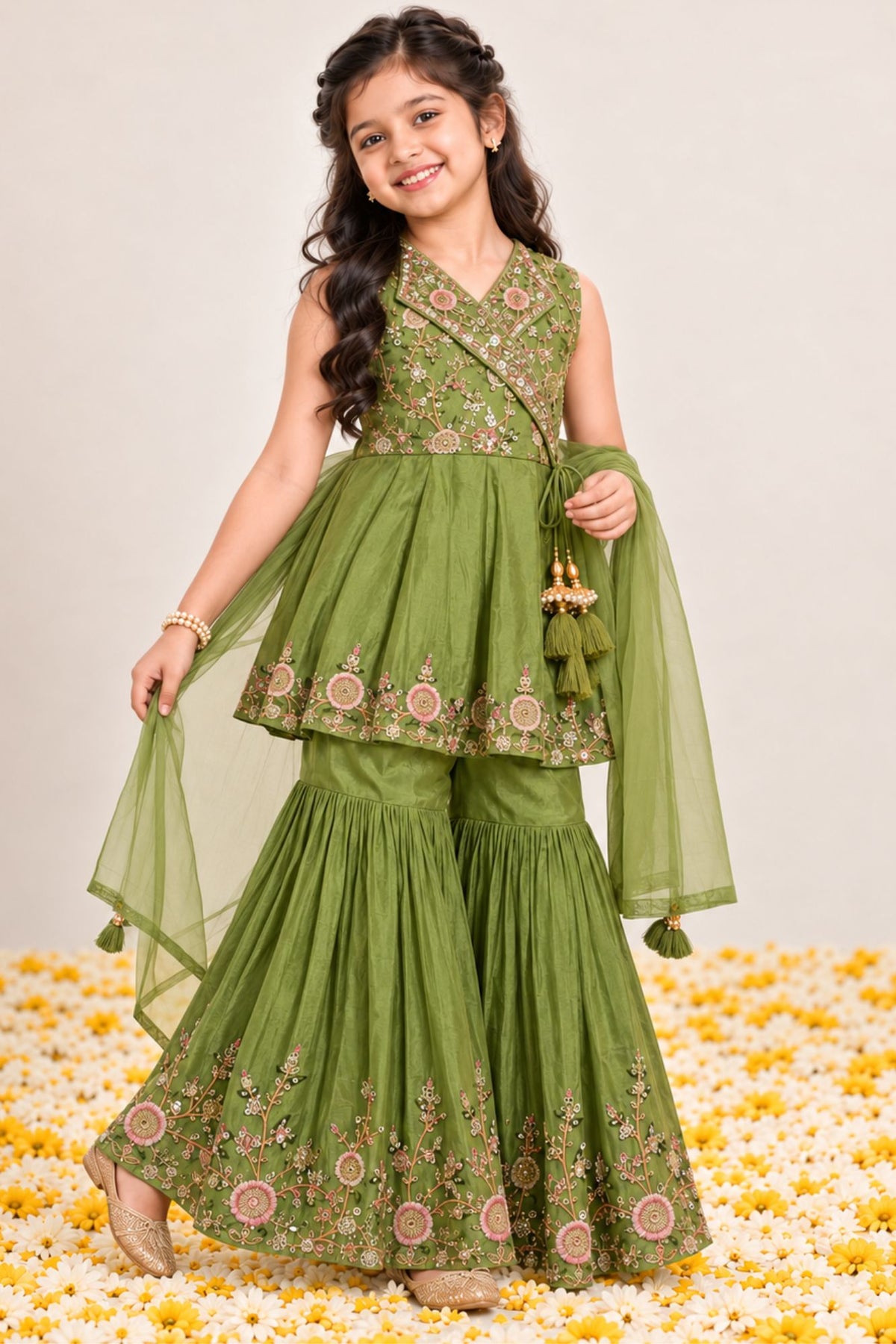 Green Floral Embroidered Sharara Set