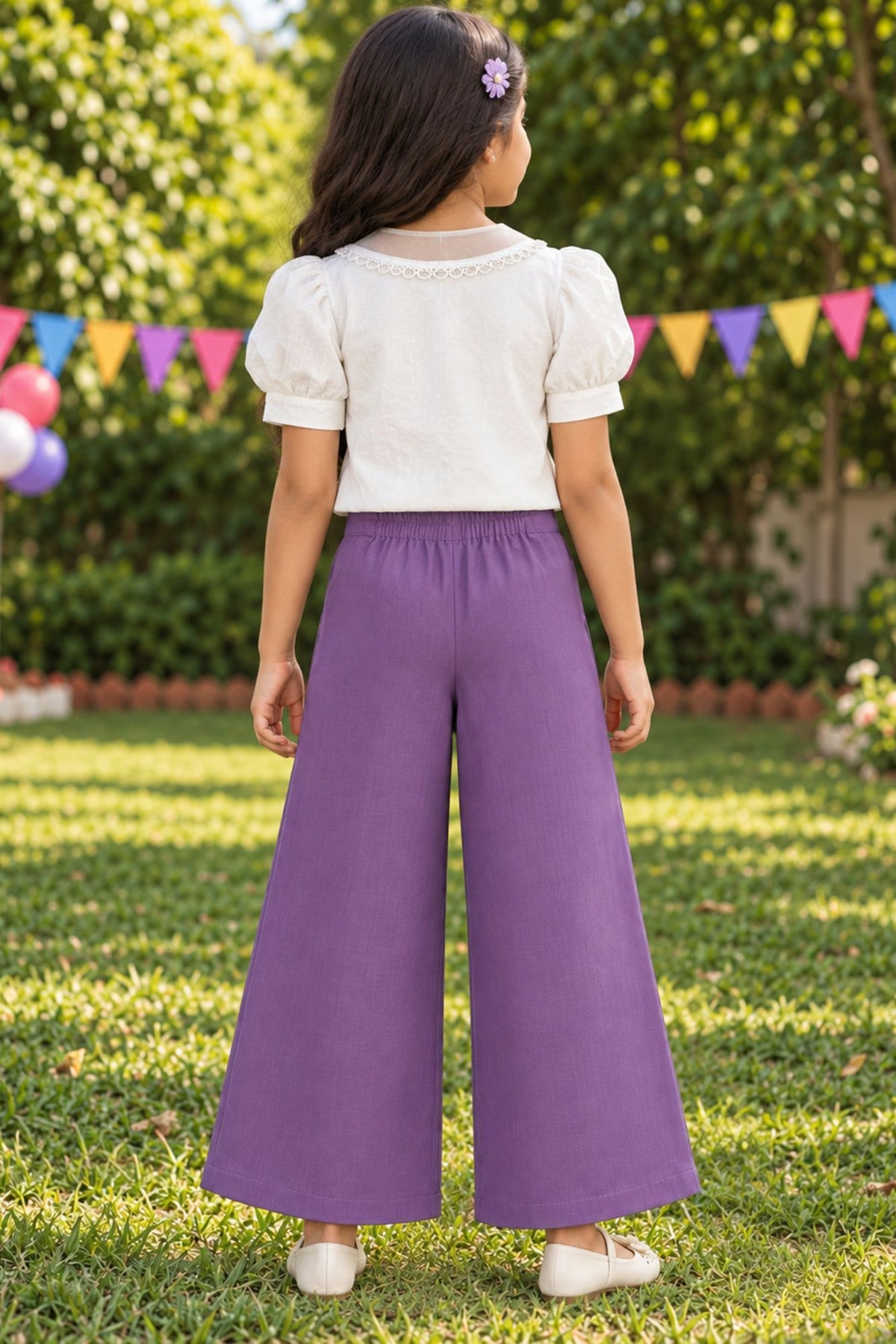 Girls White Floral Embroidered Top With Purple Wide Leg Co-Ord Set