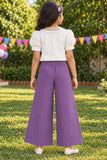 Girls White Floral Embroidered Top With Purple Wide Leg Co-Ord Set