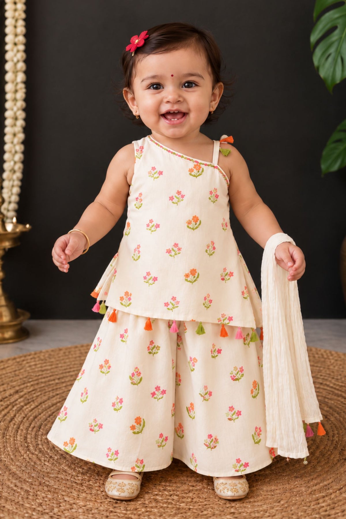 Charming Cream With Multicolor Floral Printed Palazzo Set For Girls