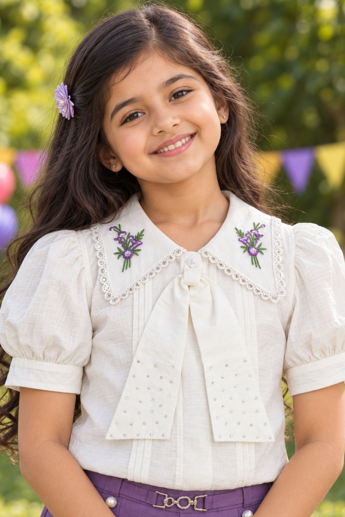 Girls White Floral Embroidered Top With Purple Wide Leg Co-Ord Set
