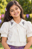 Girls White Floral Embroidered Top With Purple Wide Leg Co-Ord Set