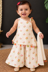Charming Cream With Multicolor Floral Printed Palazzo Set For Girls