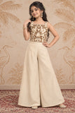 Cream Floral Embroidered Top And Palazzo Set For Girls