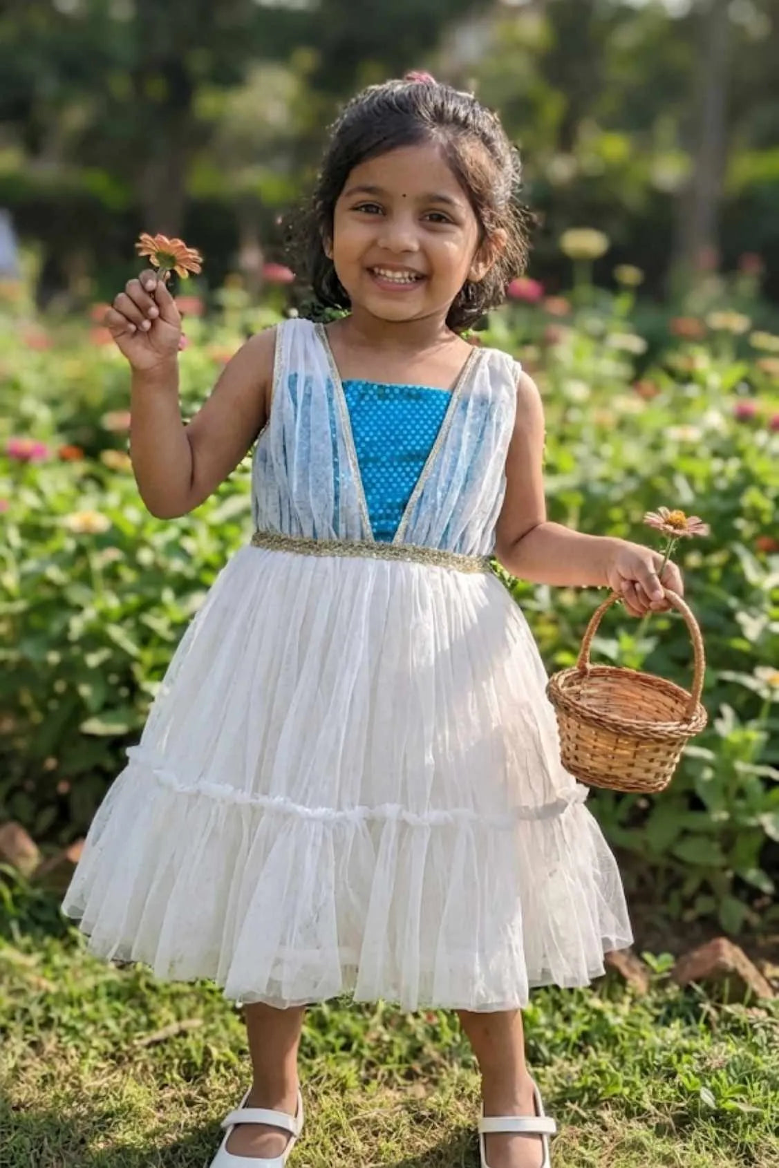 White Frock With Blue Bodice For Girls