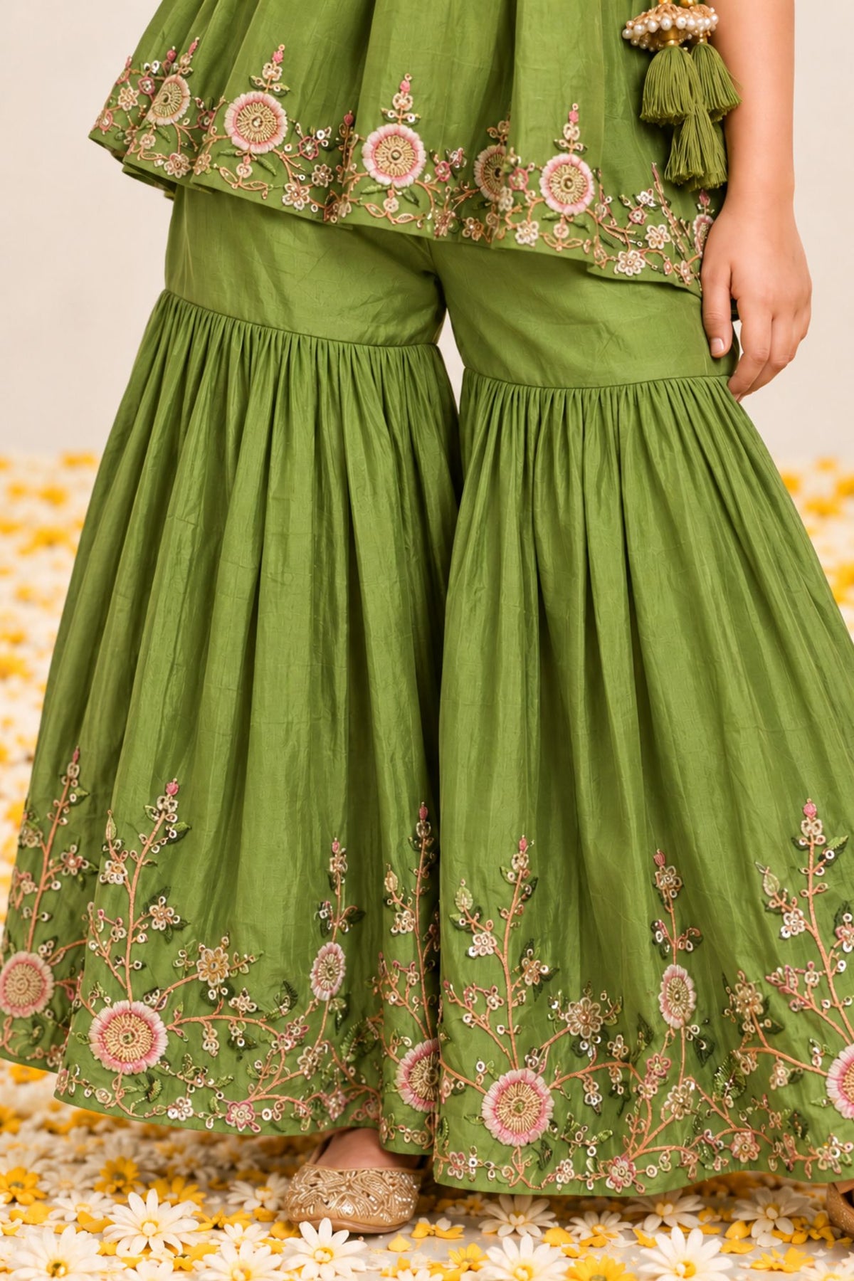 Green Floral Embroidered Sharara Set
