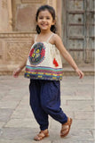 Cream Top With Blue Dhoti Pants Set For Girls