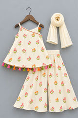 Charming Cream With Multicolor Floral Printed Palazzo Set For Girls