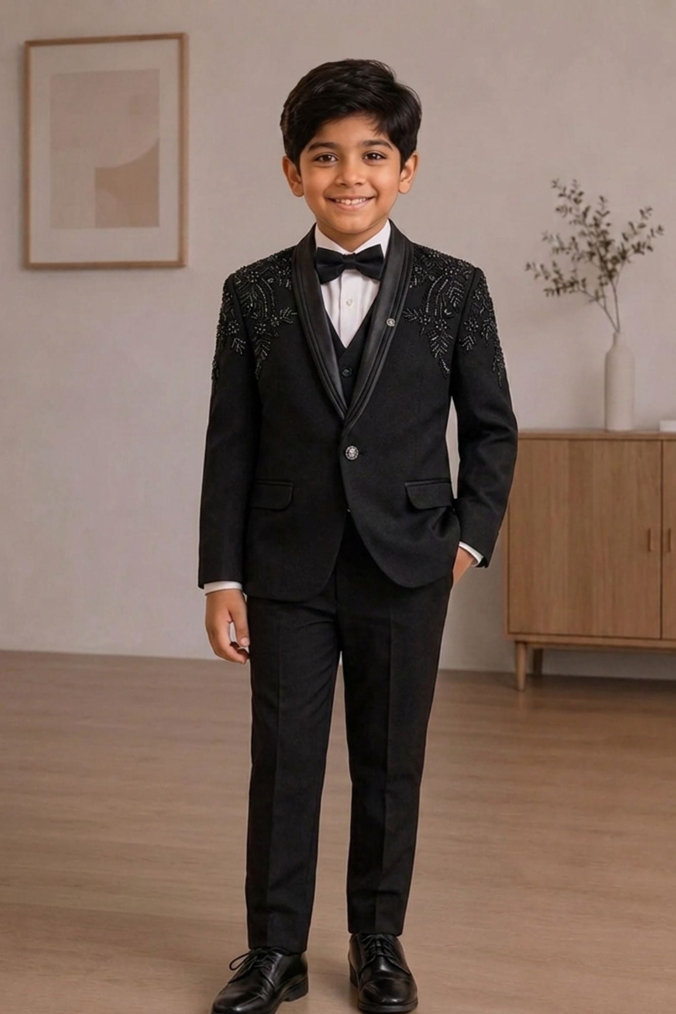 Boys Black Embellished Coat Suit With Waistcoat And Bow Tie