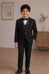 Boys Black Embellished Coat Suit With Waistcoat And Bow Tie