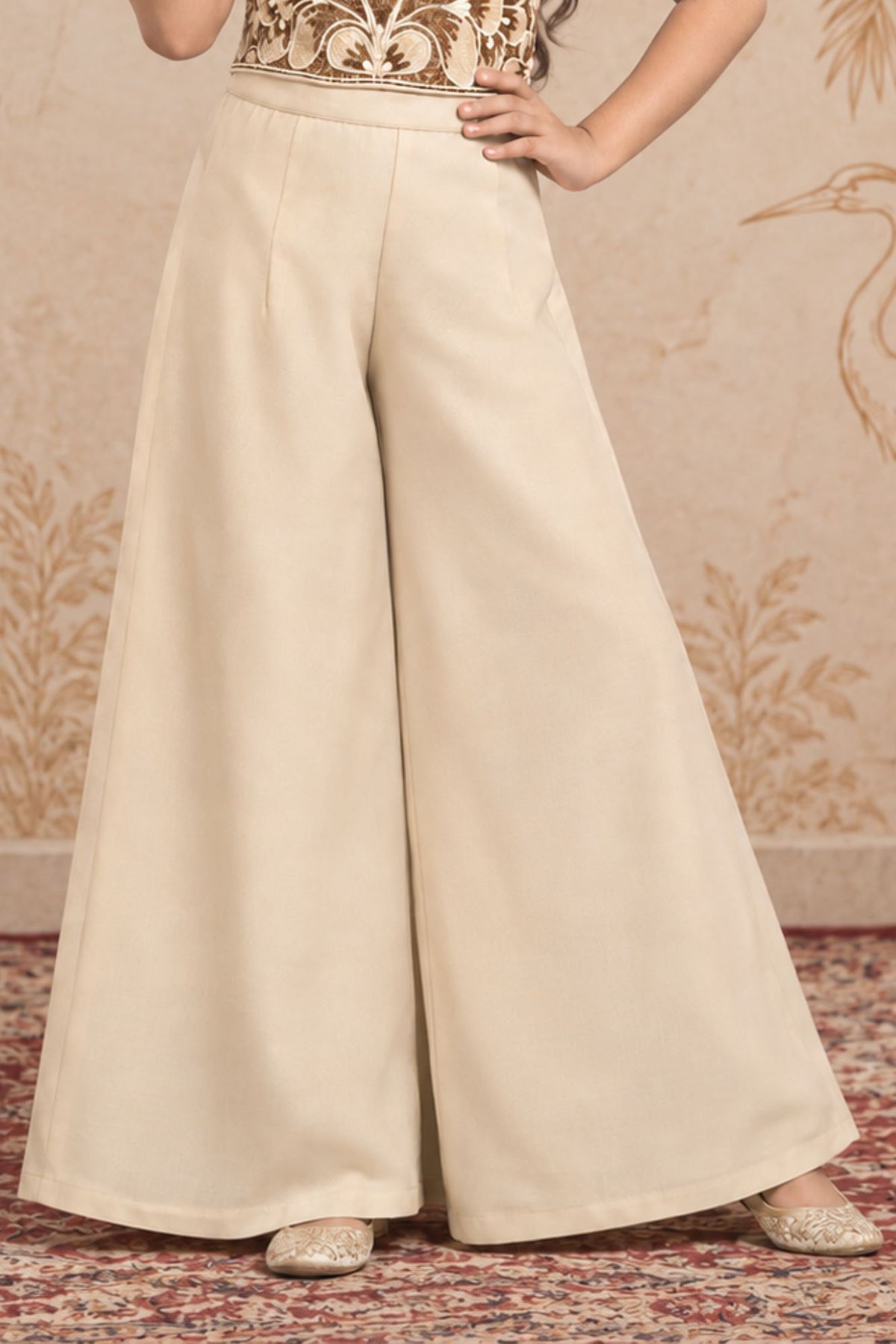 Cream Floral Embroidered Top And Palazzo Set For Girls