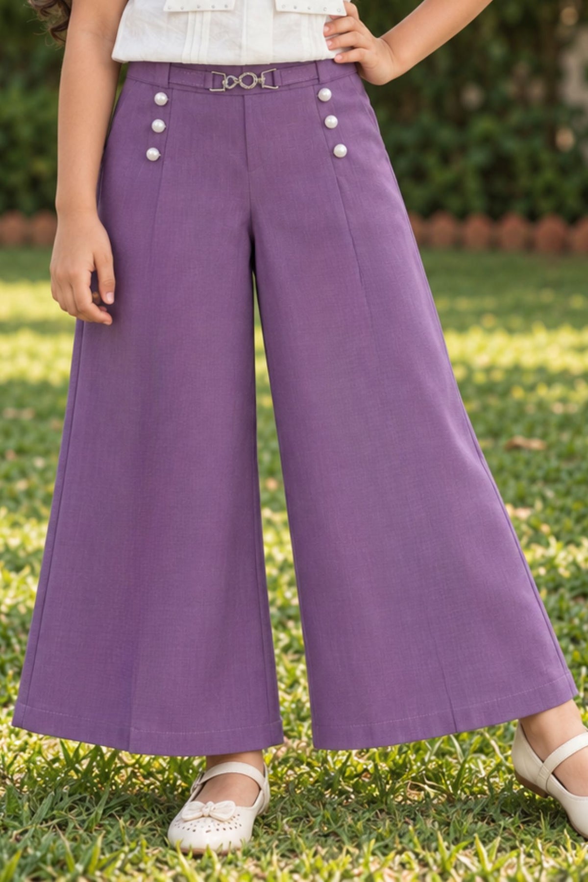 Girls White Floral Embroidered Top With Purple Wide Leg Co-Ord Set