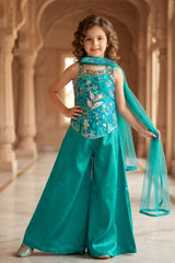 Teal Blue Floral Embellished Palazzo Set With Dupatta For Girls