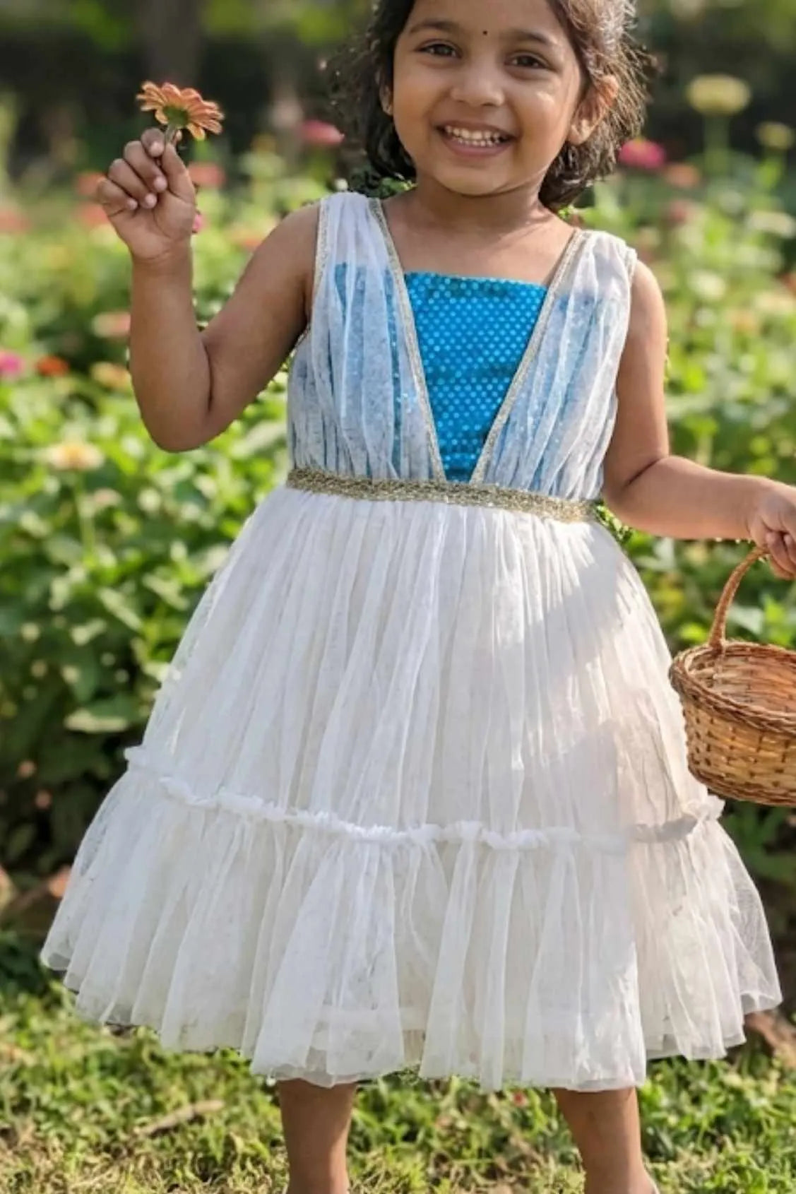 White Frock With Blue Bodice For Girls