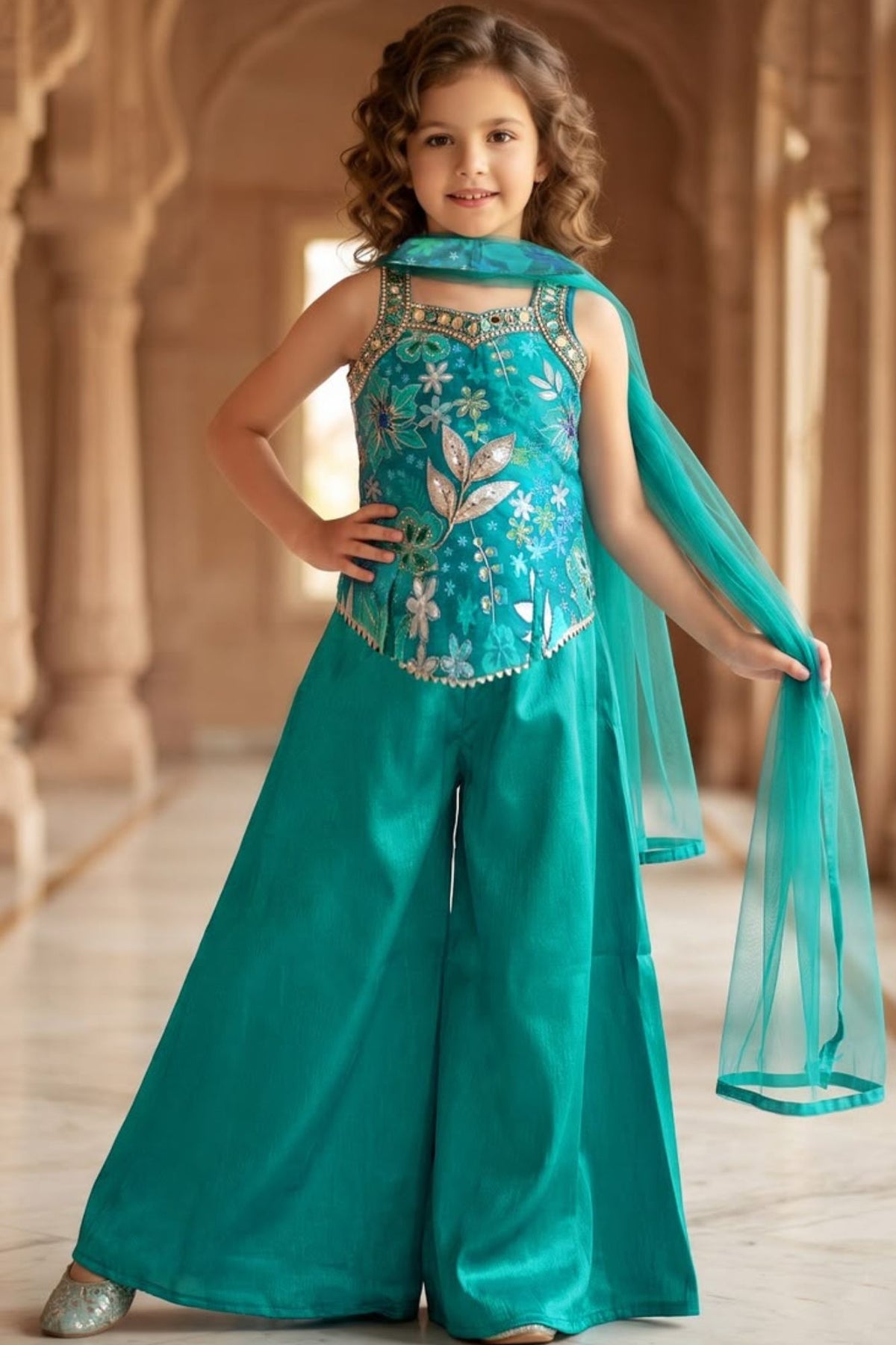 Teal Blue Floral Embellished Palazzo Set With Dupatta For Girls