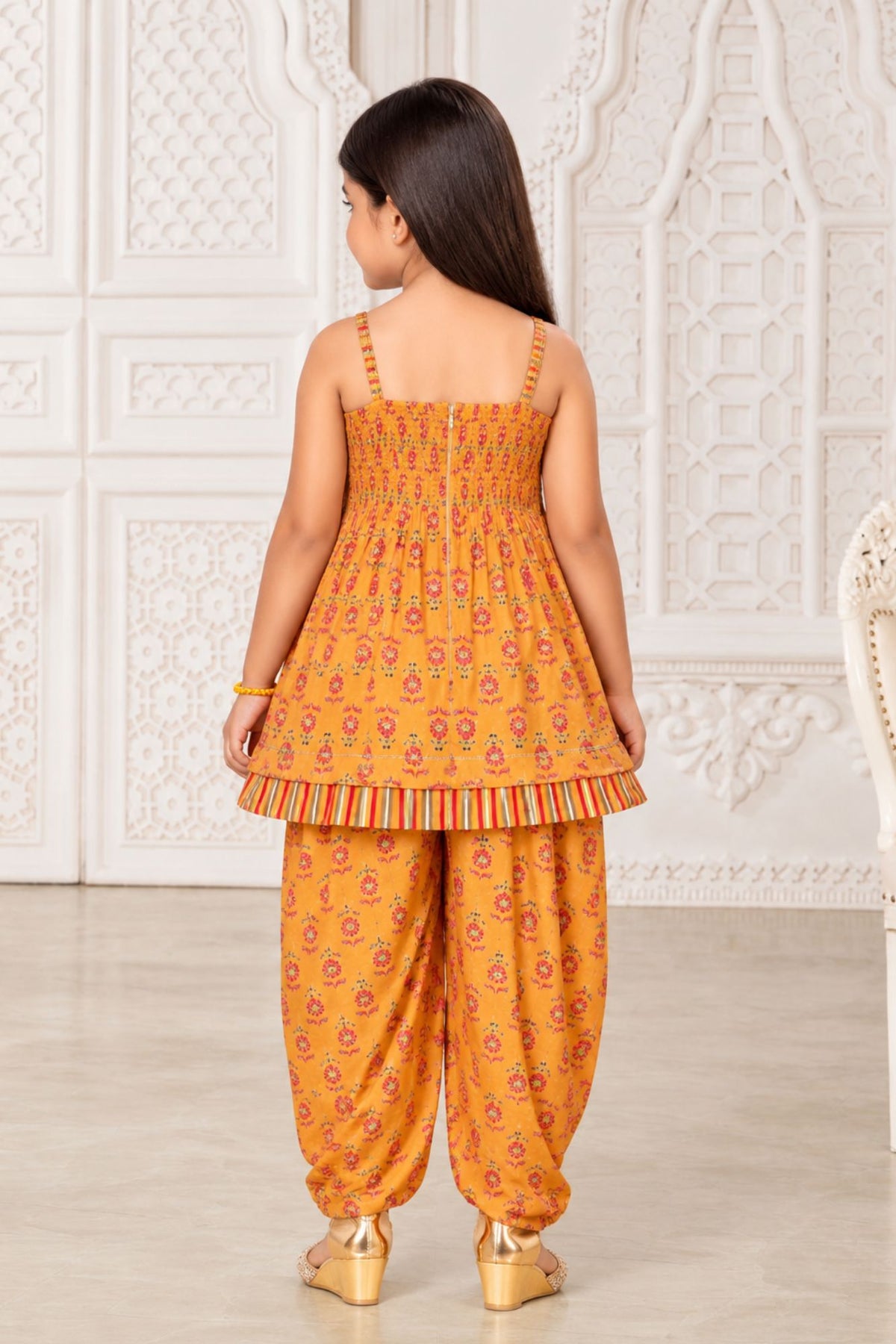 Girls Charming Mustard Yellow Floral Printed Patiala Set