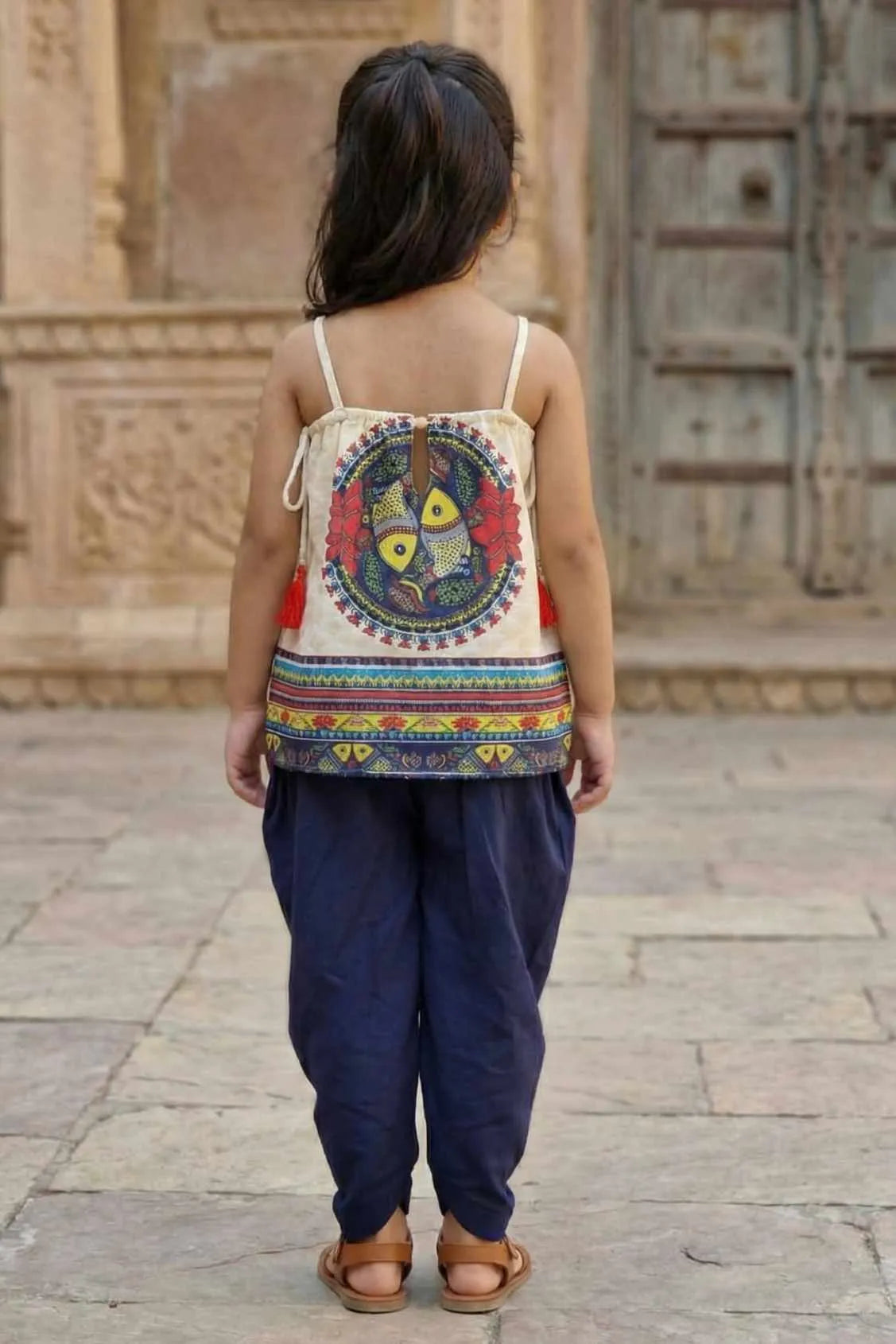 Cream Top With Blue Dhoti Pants Set For Girls