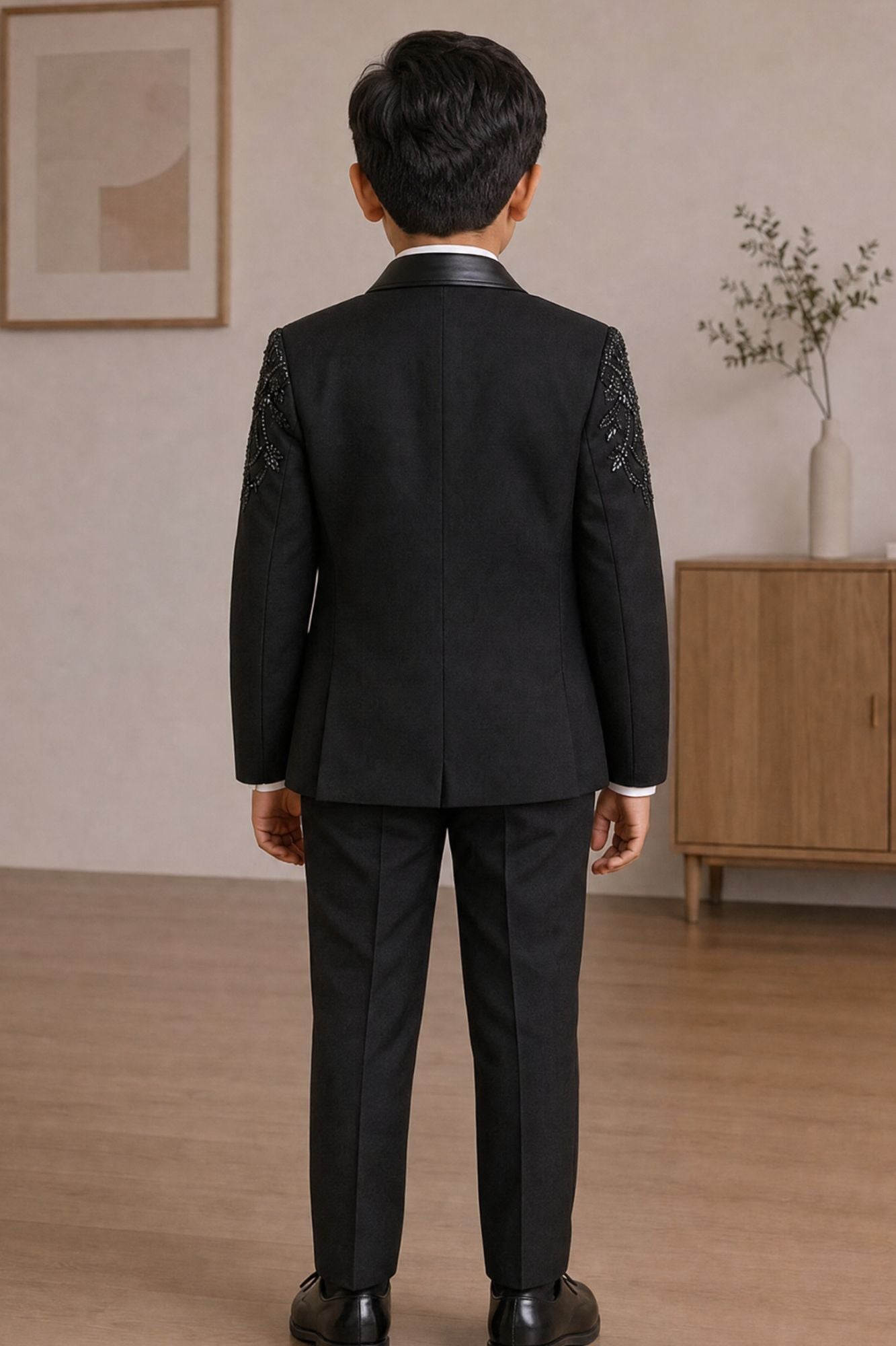 Boys Black Embellished Coat Suit With Waistcoat And Bow Tie