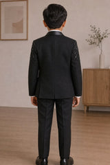 Boys Black Embellished Coat Suit With Waistcoat And Bow Tie