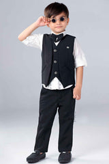 Black Waistcoat With White Shirt And Black Textured Pant Set For Boys