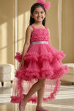 Girls Pink High-Low Party Frock with Ruffled Layers And Embellished Waistbelt