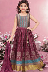 Wine Embroidered And Mirror Work Anarkali For Girls