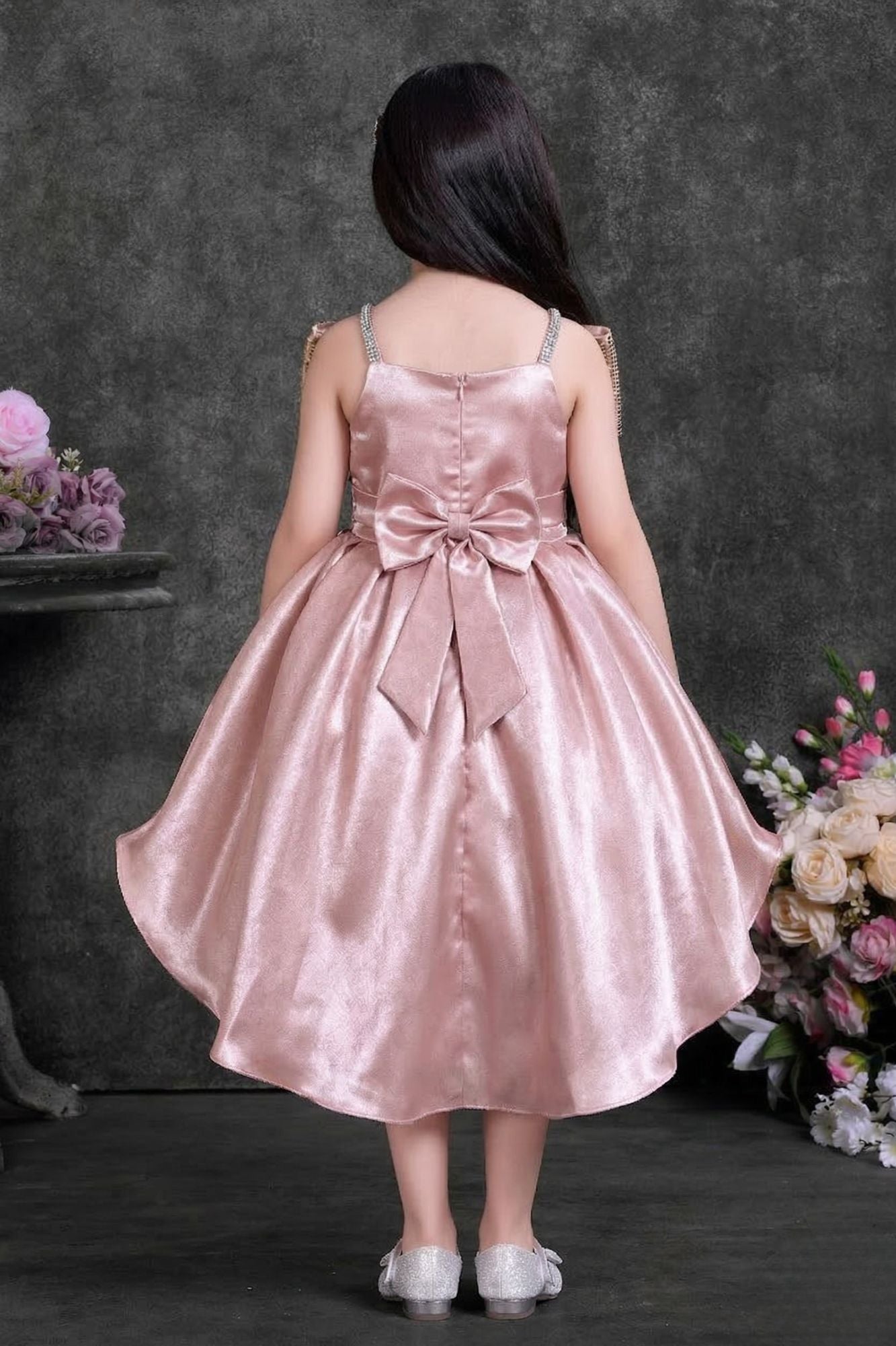 Dusty Pink High-Low Party Wear Frock with Sequin Bow For Girls