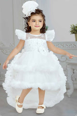 White Frill Sleeves And Sequin Embroidery With Floral Embellished Tail Back Frock For Girls