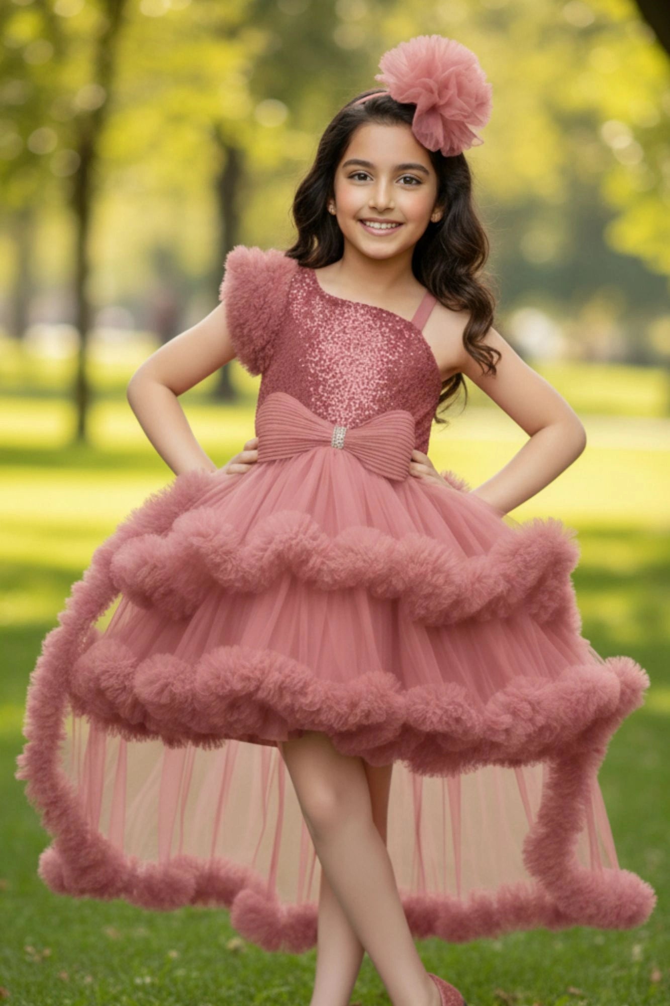 Dusty Pink Sequin High-Low Party Dress with Layered Ruffle Hem For Gir –  Lagorii Kids