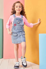 Pink 3/4th Sleeves T shirt With Blue Denim Jumpsuit Set For Girls